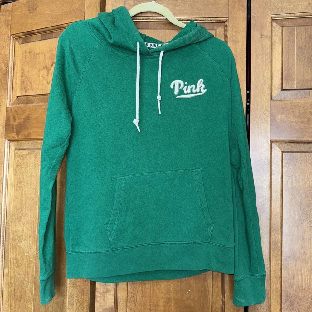 Victoria's Secret Pink Green Hoodie Logo Pullover Kangaroo pocket Sweatshirt L